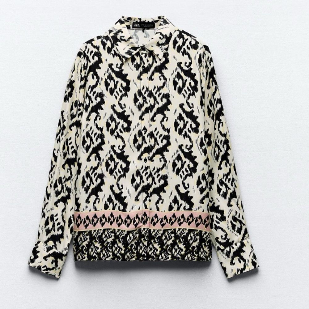 Zara Baroque Print Blouse Black Cream Pink Long Sleeve Button Up Shirt
